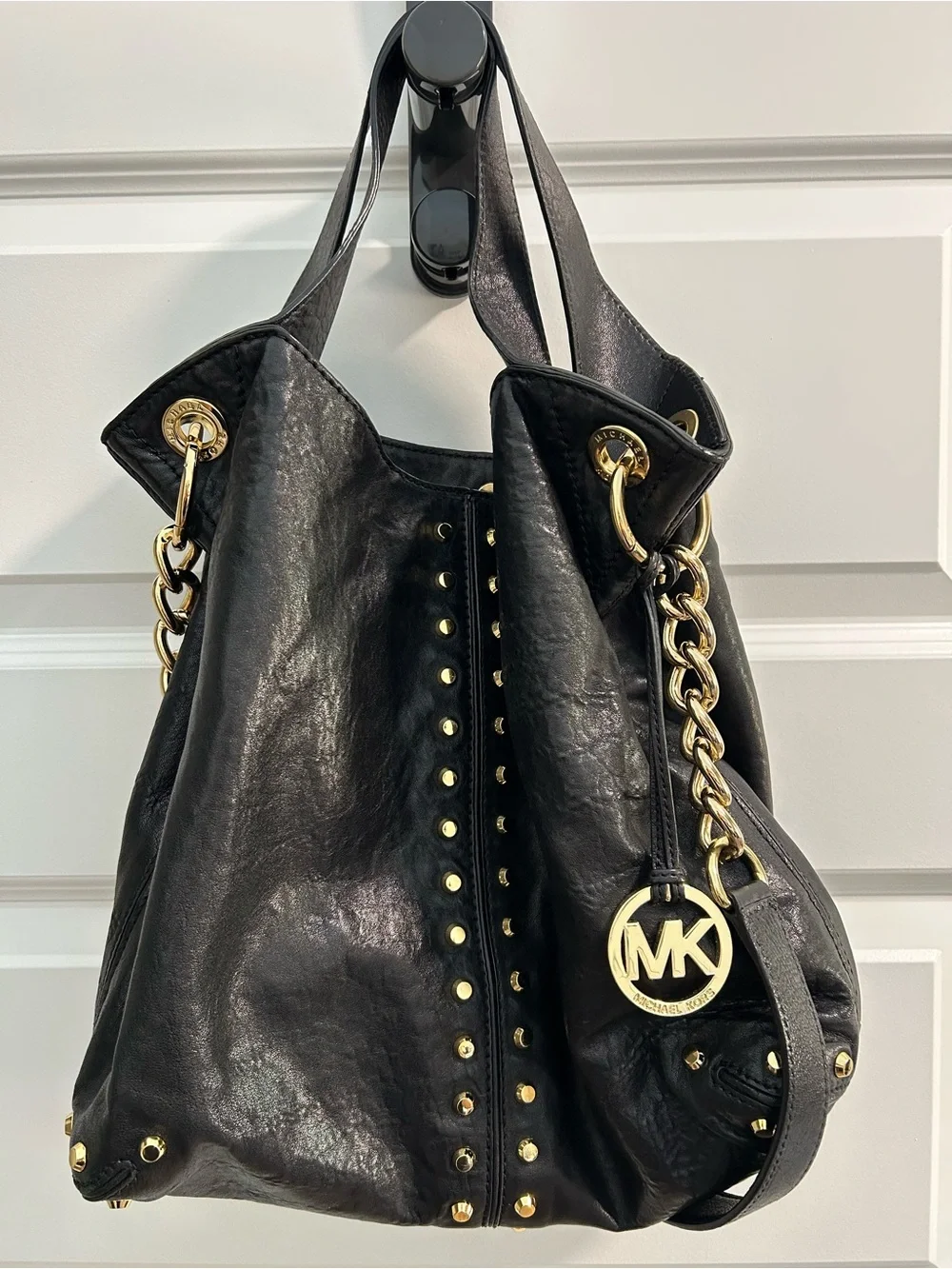 Michael Kors Black Leather Shoulder Bag with Gold Hardware